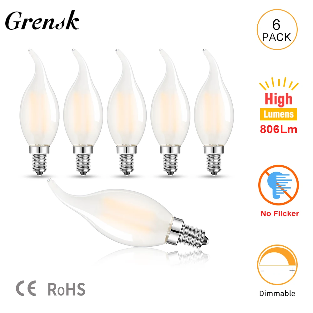 

C35 Frosted Candle Led Filament Bulb 6.5W Milky Glass E14 Candelabra Lamp 806lm High Lumens Dimmable Chandelier Replacement Bulb