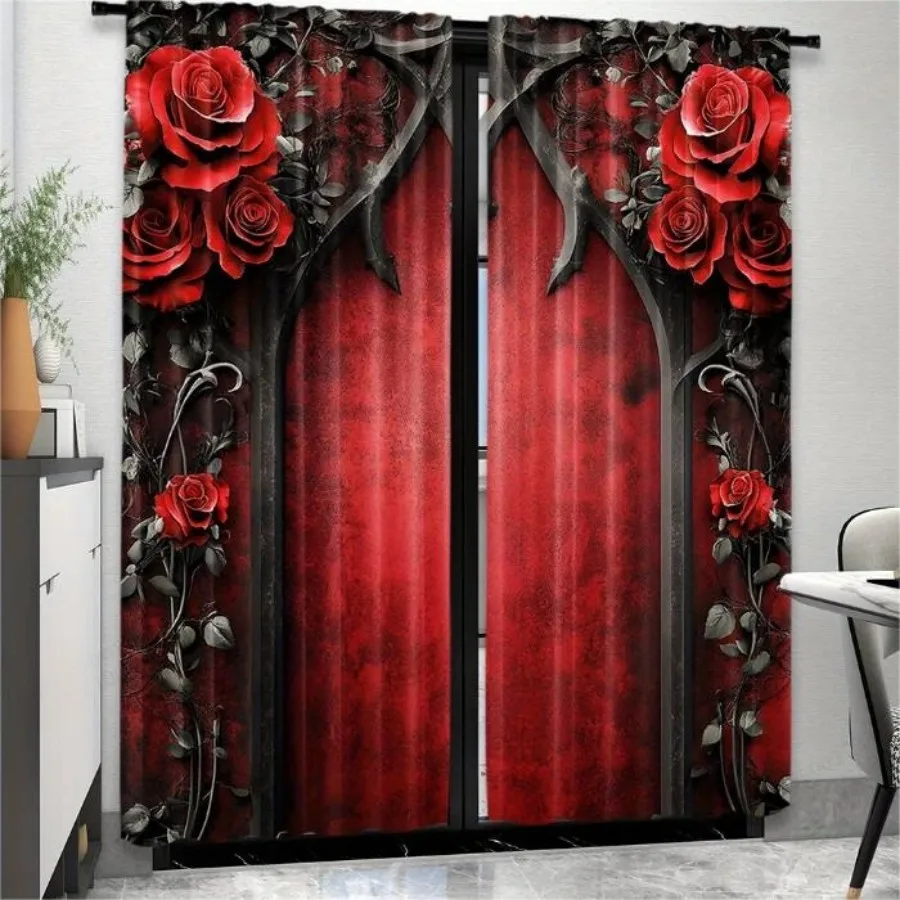 2PCS Digital Print Curtain, Thorn Red Rose Gothic Floral, Dark Romantic Edgy for Living Room Bedroom Kitchen Window Decor