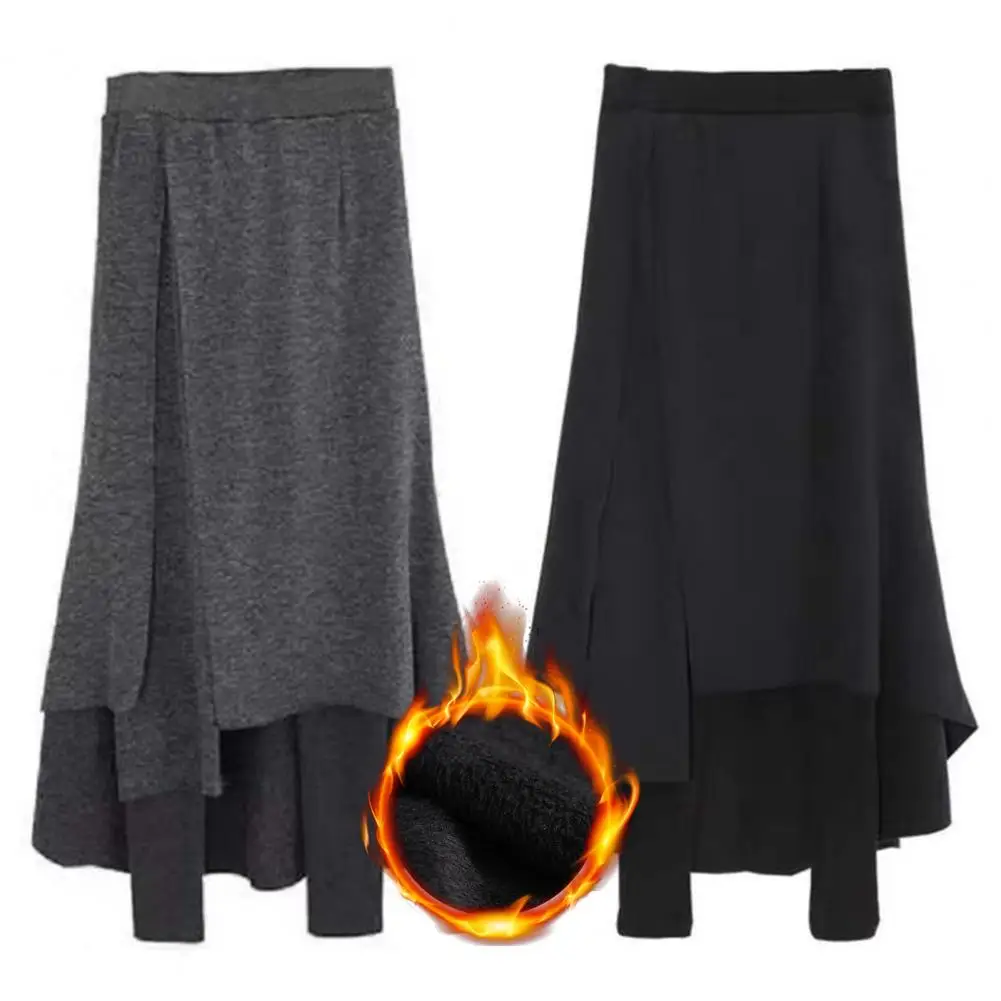 Gefälschter zweiteiliger Rock, hohe Taille, elastischer Bund, unregelmäßiger geteilter Saum, verdickter Leggings-Rock, Damen-Fleece-Futter, Maxi-Skort