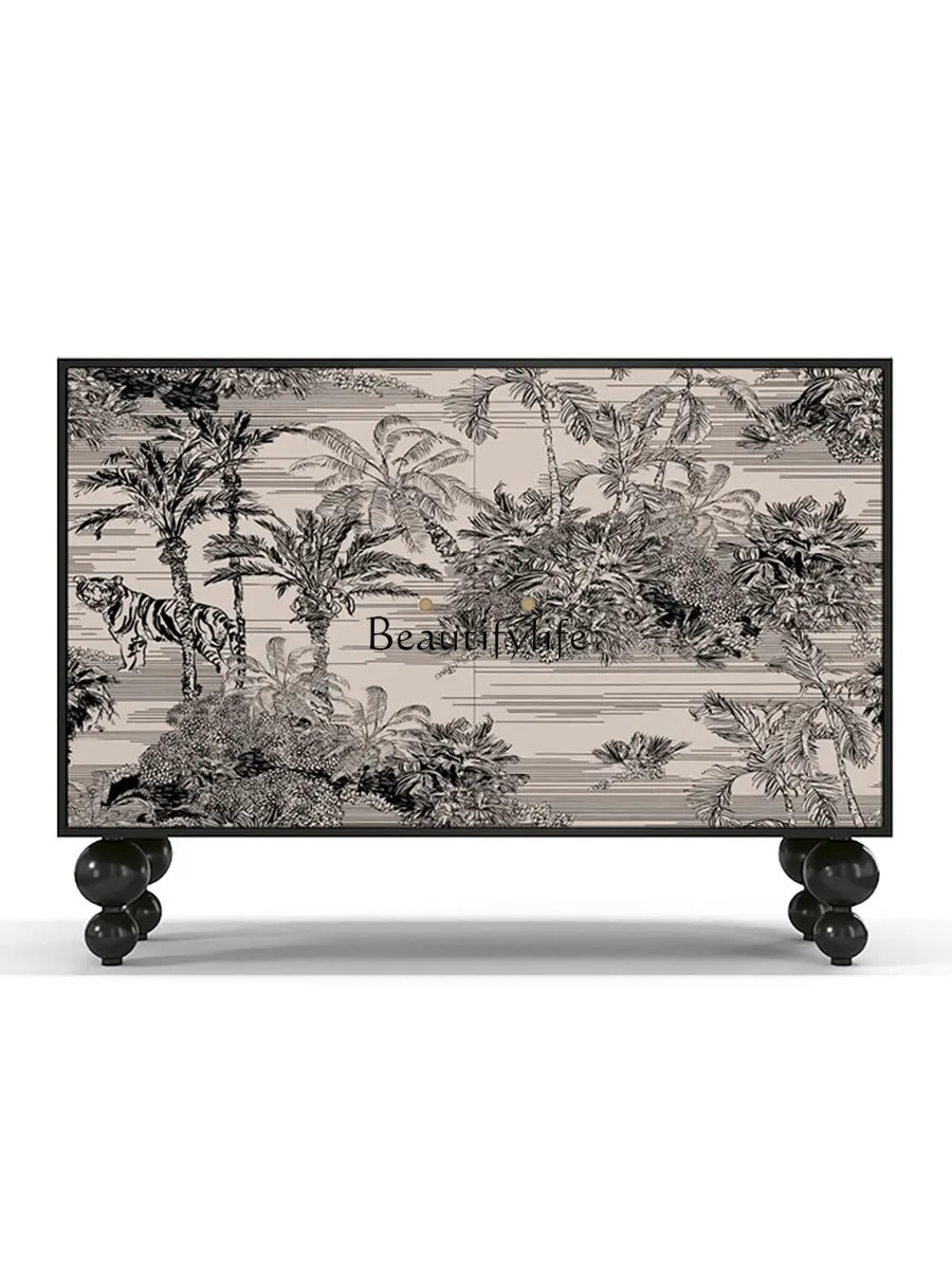 

Modern Minimalist Solid Wood Curio Cabinet Black and White Art Jungle Lacquer Painting Wall Hallway Cabinet