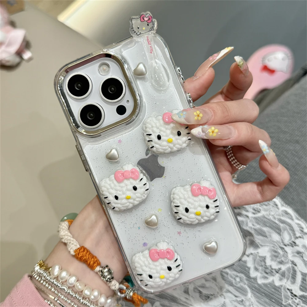 

Прозрачный жесткий акриловый 3D чехол Hello Kitty для iPhone 16 15 Pro Max 12 13 14 Plus с милым покрытием и серебряным покрытием для защиты объектива