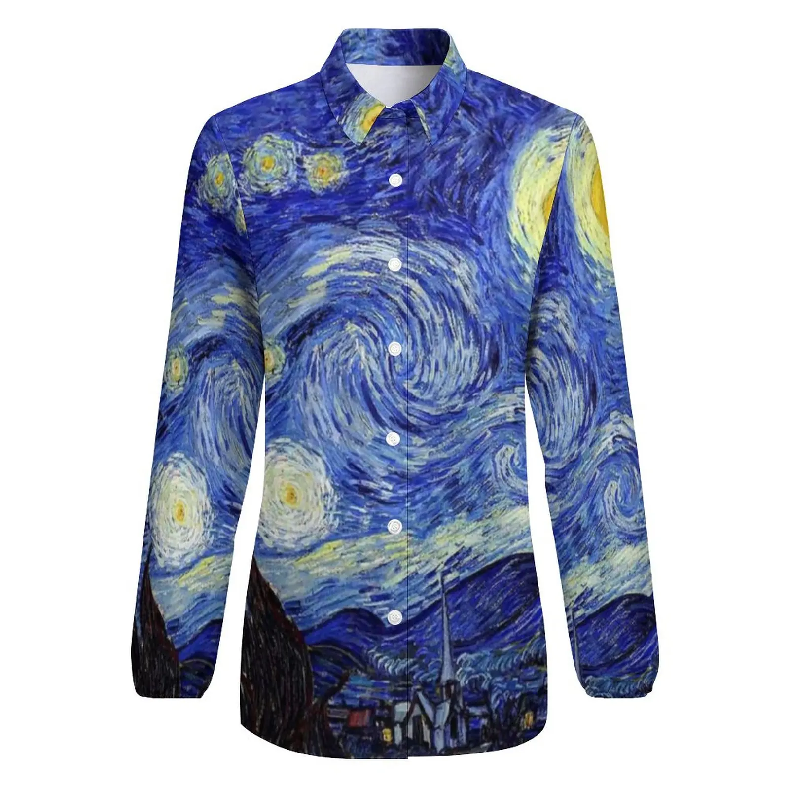 Van Gogh Inspired Loose Blouse Classic Starry Night Classic Oversized Blouses Women Long-Sleeve Office Shirt Autumn Custom Top