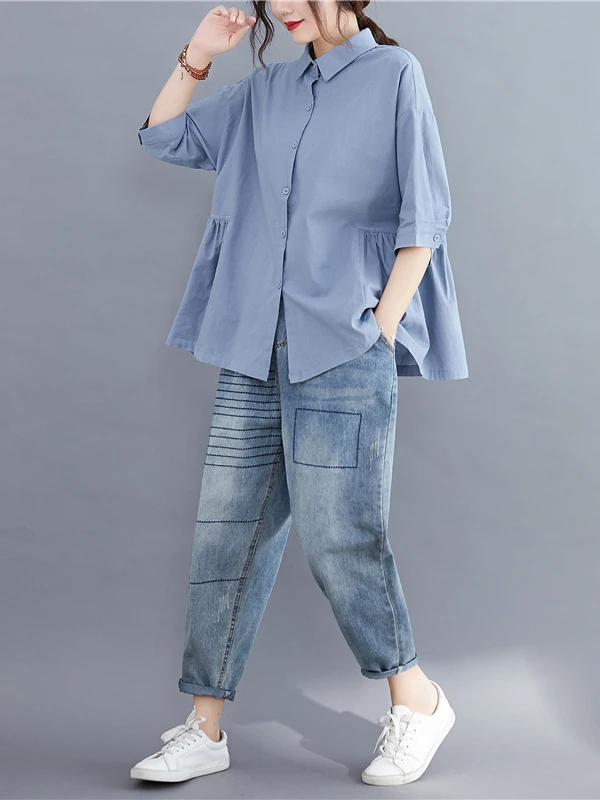 

Loose Cotton Linen irt Women's Summer New Sle Korean Version Asymmetrical Hem Pure Color Age-Defng irt Collar