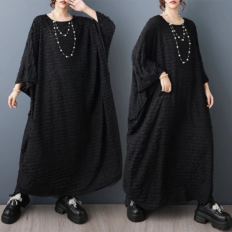 

Loose Fit Batwing Sleeve Dress Oversized Vintage Style Polyester Fabric Midi Dress Women's Summer Casual Wear round Neck