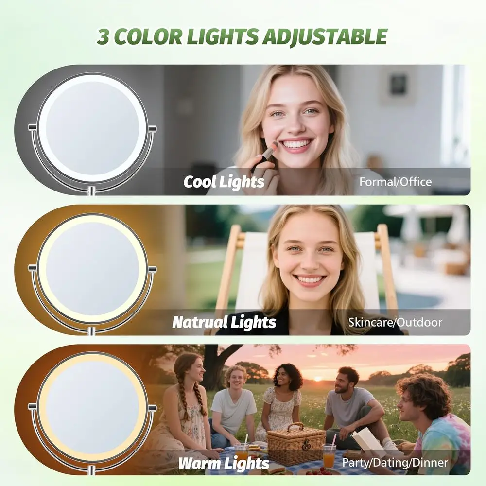 Miroir de maquillage éclairé 9 avec grossissement 20X/1X, chargement de base et miroir de courtoisie à éclairage réglable en 3 couleurs pour un usage domestique