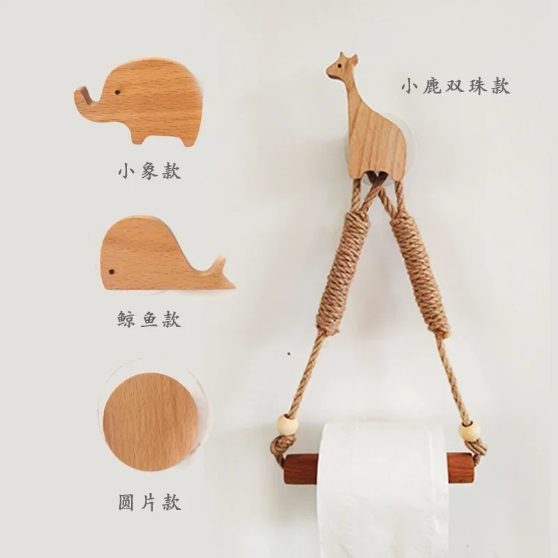 Nordic style wooden hemp rope animal tissue holder decorative wall hanger hemp rope hook Punch-free toilet paper holder