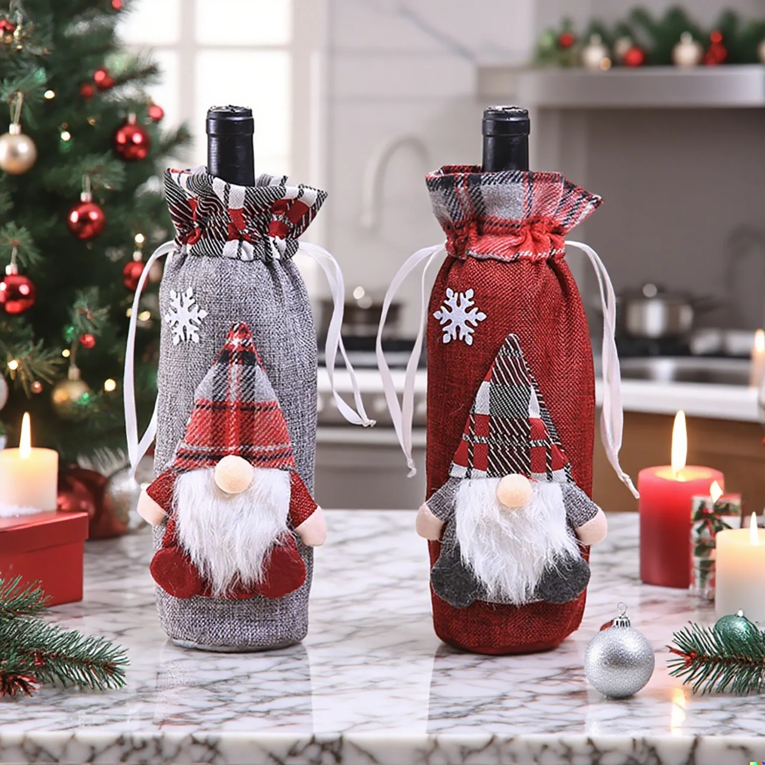 

2pcs/set, Forester Figurine Christmas Cloth Knitted Wine Bottle Cover, For Holiday Scene Layout Christmas Home Table Decoration