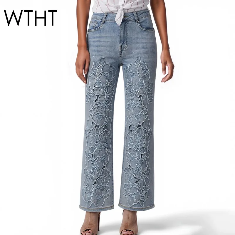 

WTHT Fashion Women's Hollow Out Embroidery Diamonds Straight Jeans 2026 Spring Trendy High Waist Denim Pants Female 1LS2915