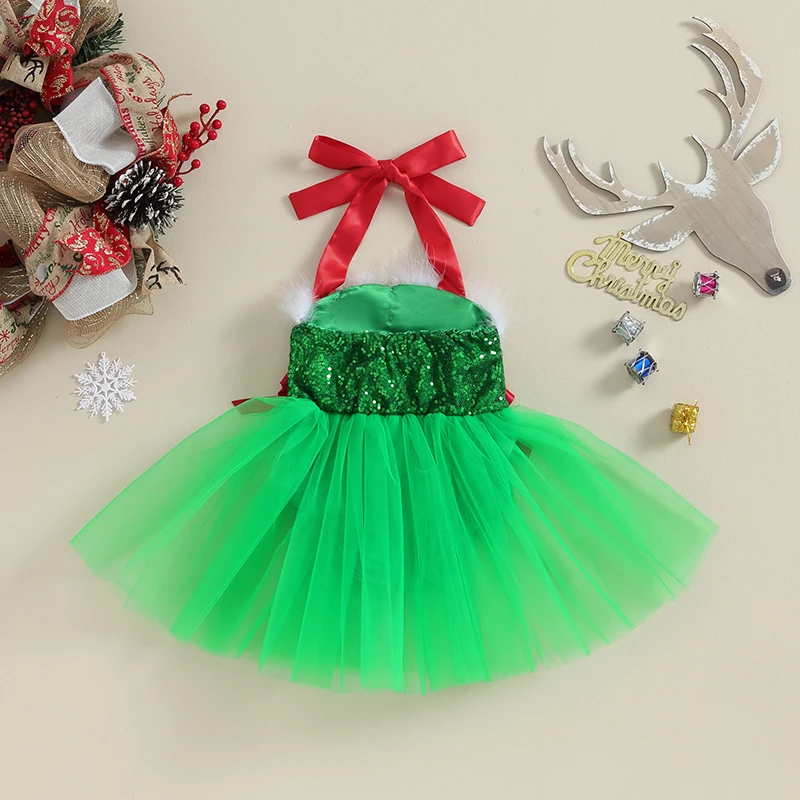 Baby Girls Christmas Romper Dress Bow Halter Neck Tulle Bodysuit Newborn Sleeveless Sequin Jumpsuit Party Dress