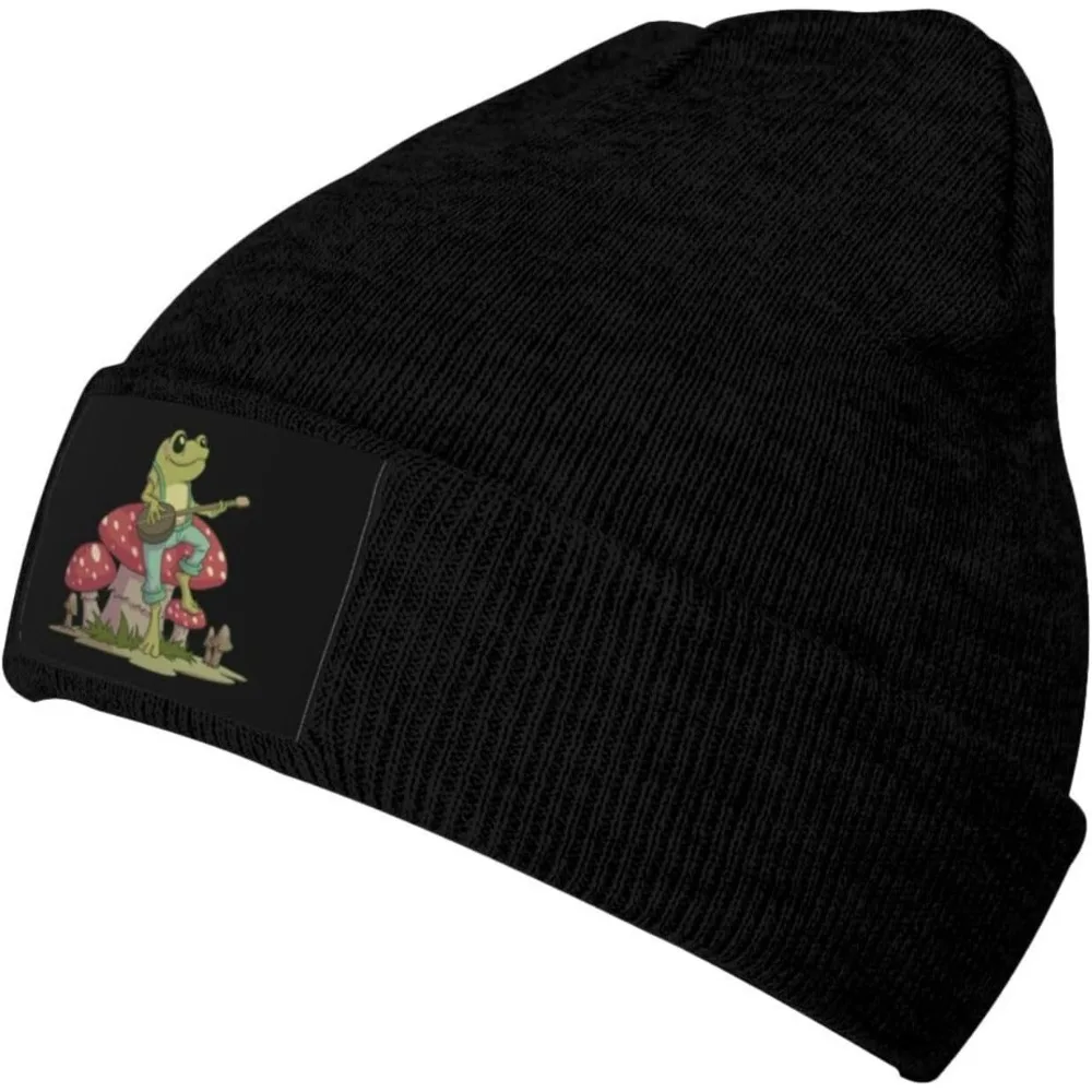 Aesthetic Frog Playing Banjo on Mushroom Cute Beanie Hat Women Skull Cap Men Slouchy Hat Knitted Hat Knit Hat Black