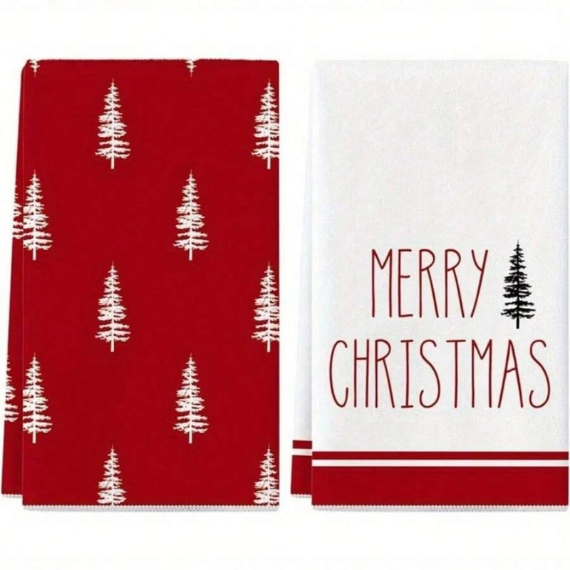 

Christmas Kitchen Towel Set, Super Soft Polyester Blend, White And Red Christmas Tree Decor, 16 X 24 Inches