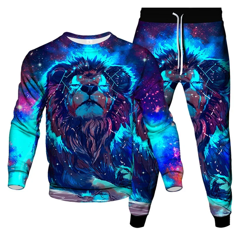 Spring Autumn Fashion Sweatshirt Trousers Casual Tracksuit 2 Piece Suit Animal Lightning Lion 3D Print Men Outoor Clothes Set