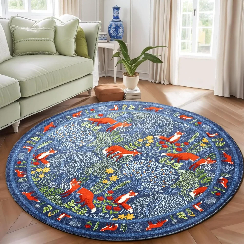 Round Fox Forest Carpet with Orange Red Foxes Nature Theme Kids Room Decor Bedroom Area Rug Soft Floor Mat Home Decor Gift view 6