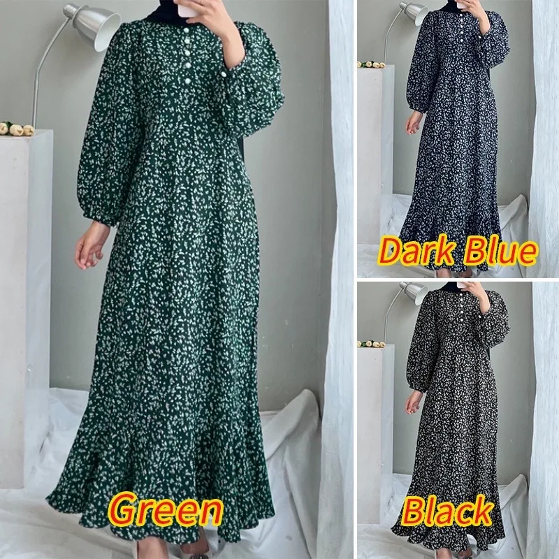 Women Fashion Loose Printed Long Sleeve O Neck Muslim Abaya Dress Vintage Ruffles Hem Sundress Robe Femme Turkey Vestido Kaftan