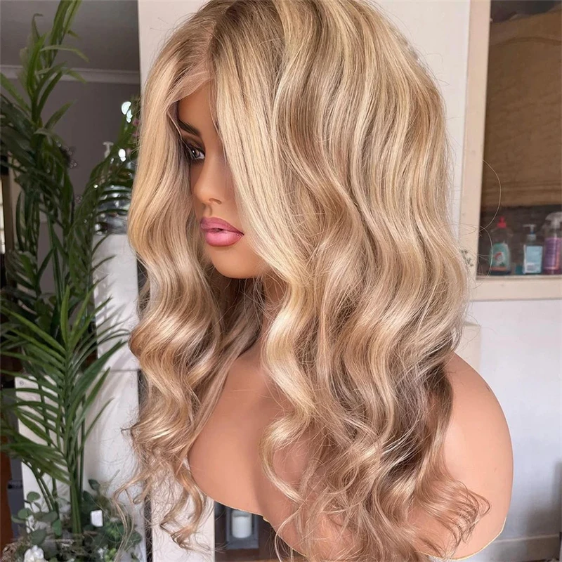 Perruque Lace Front Wig synthétique HD 13x4, perruque à reflets blond miel brun clair et haute température pour femmes