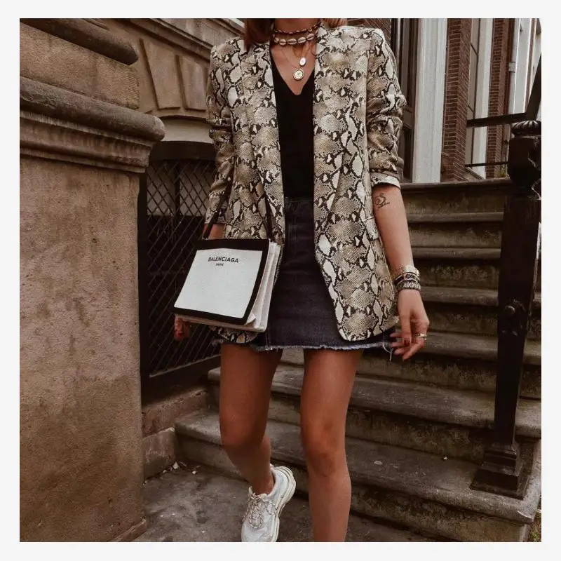 Faionable traje con estampado de serpiente Jaet mujer Casual largo Sve prendas de vestir exteriores estampadas corte recto Sle versátil primavera otoño