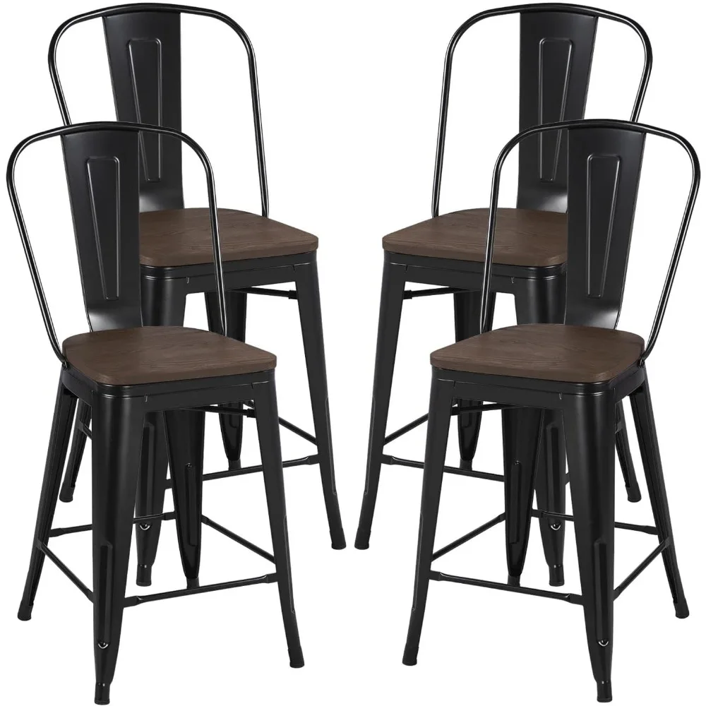 

24Inch Seat Height Dining Stools Chairs with Wood Seat/Top and High Backrest,Industrial Metal Counter Height Stool