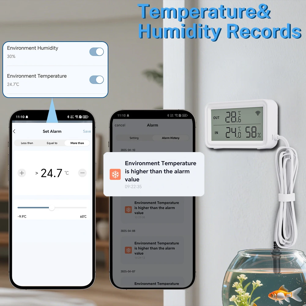مستشعر درجة الحرارة والرطوبة Tuya Wi-Fi مع مسبار خارجي وشاشة LCD رقمية ذكية تعمل مع مساعد Google Smart Life
