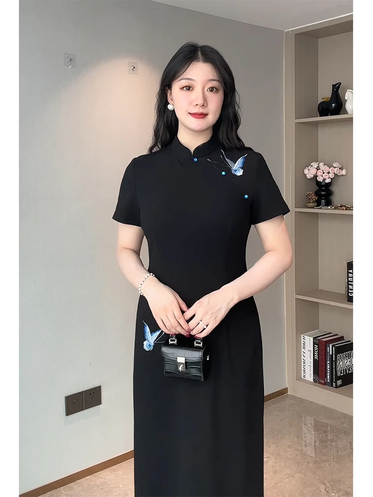 

Женское платье больших размеров с вышивкой, скрывающее недостатки фигуры, в национальном стиле, с асимметричным воротником L...