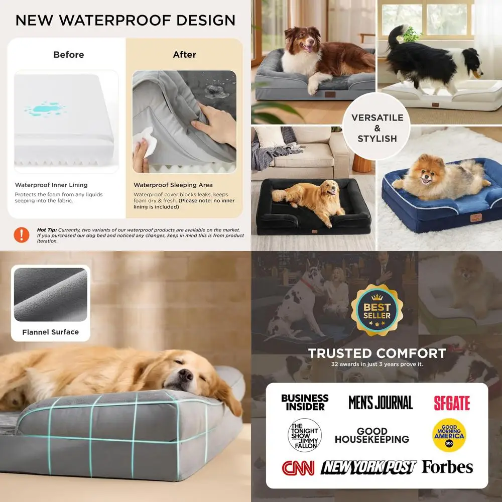 

Large Orthopedic Dog Bed - Waterproof, Washable Cover, Nonskid, Grey, 52 for Extra Large Dogs and Cats