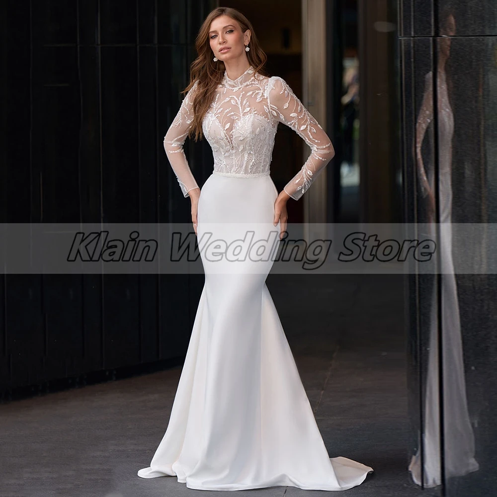 

Luxury Mermaid Wedding Dress with Lace Long Sleeve Elegant High Neckline Corset Appliques Bridal Gown for Brides Court Train