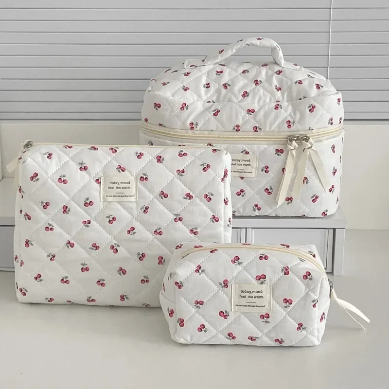 

Women Makeup Bag Portable Cute Ladies Fashion Cherry Tote Cosmetic Toiletry Storage Pouch Handbag Cotton Quilted Zipper Bags