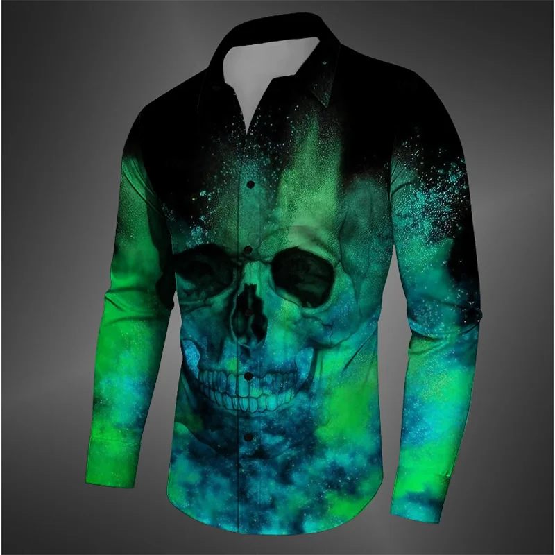 

Винтажная мужская рубашка с длинным рукавом с градиентным рисунком черепа, осенняя новая рубашка на пуговицах, дизайнерская повседневная мужская одежда с лацканами и 3D принтом