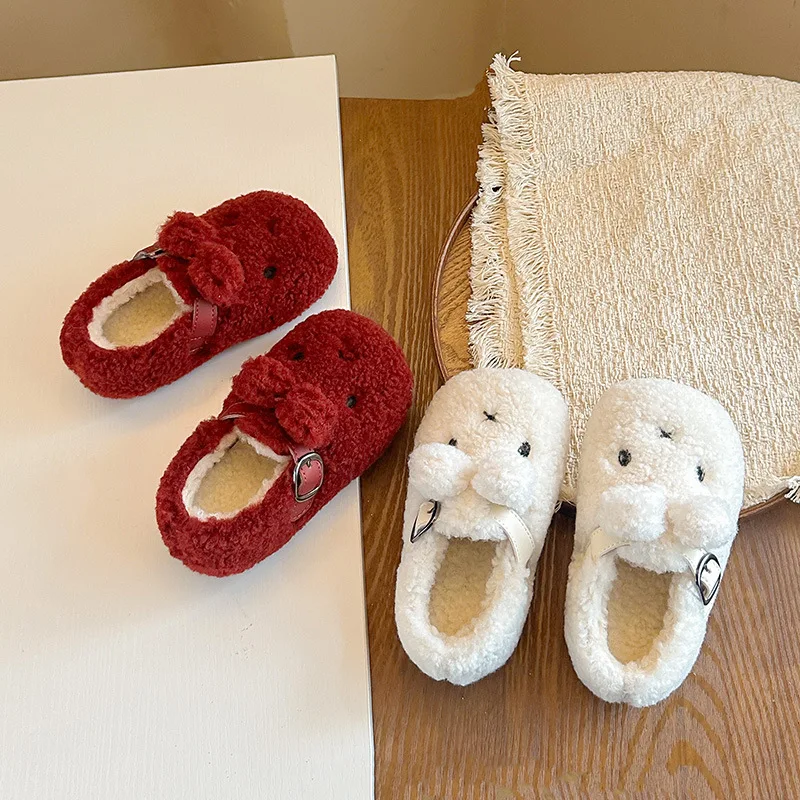 Plush Animal Shoes Kid Girl Winter Warm Fur Ballet Flat Baby Round Toe Fluffy Mary Janes Baby Child Soft Rabbit Loafers Outdoor
