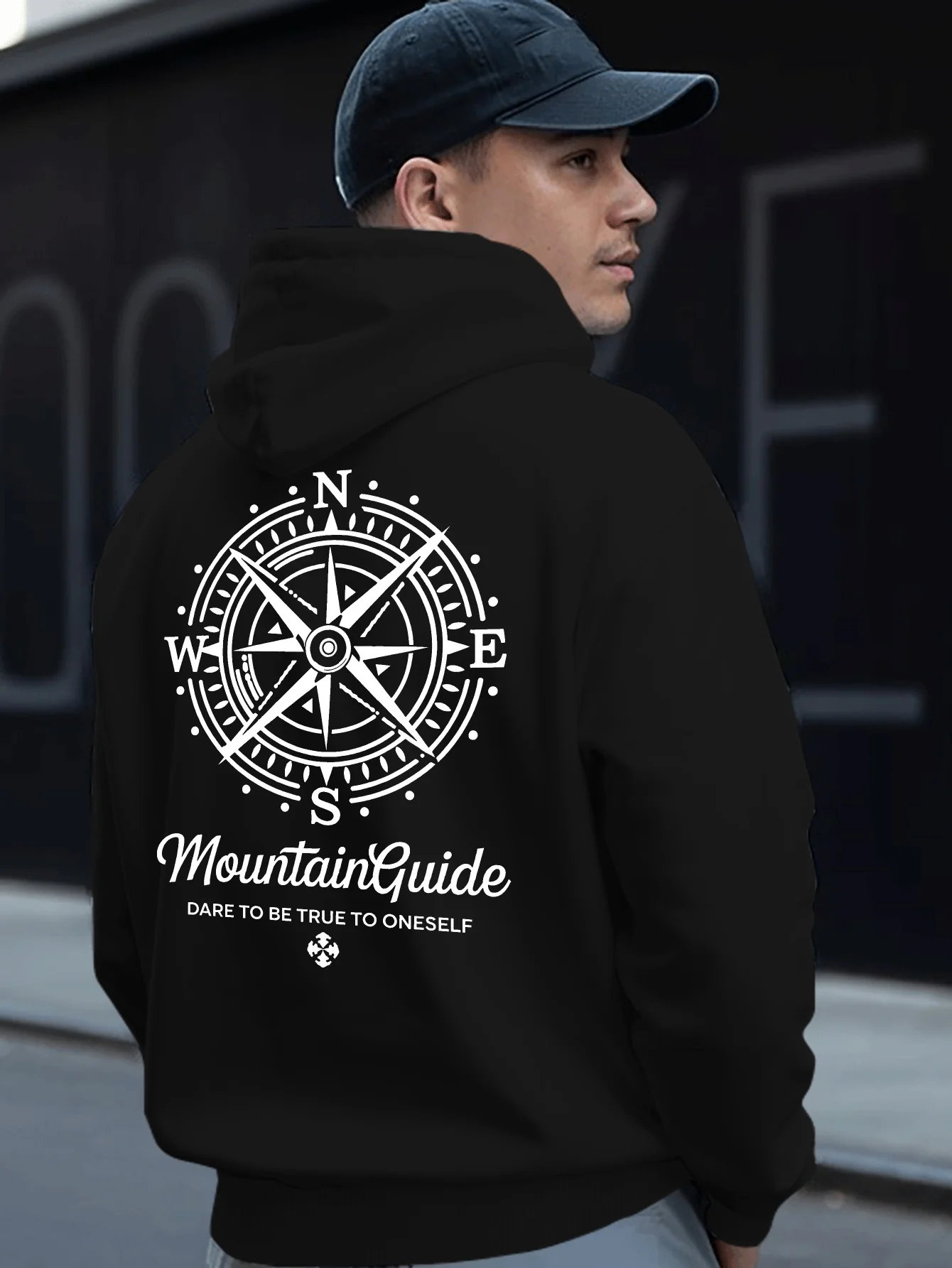 Lady's black mountain climbing hoodie with retro compass pattern on the back print. SportysweatshirtOutdoorcasualhoodedpullover.