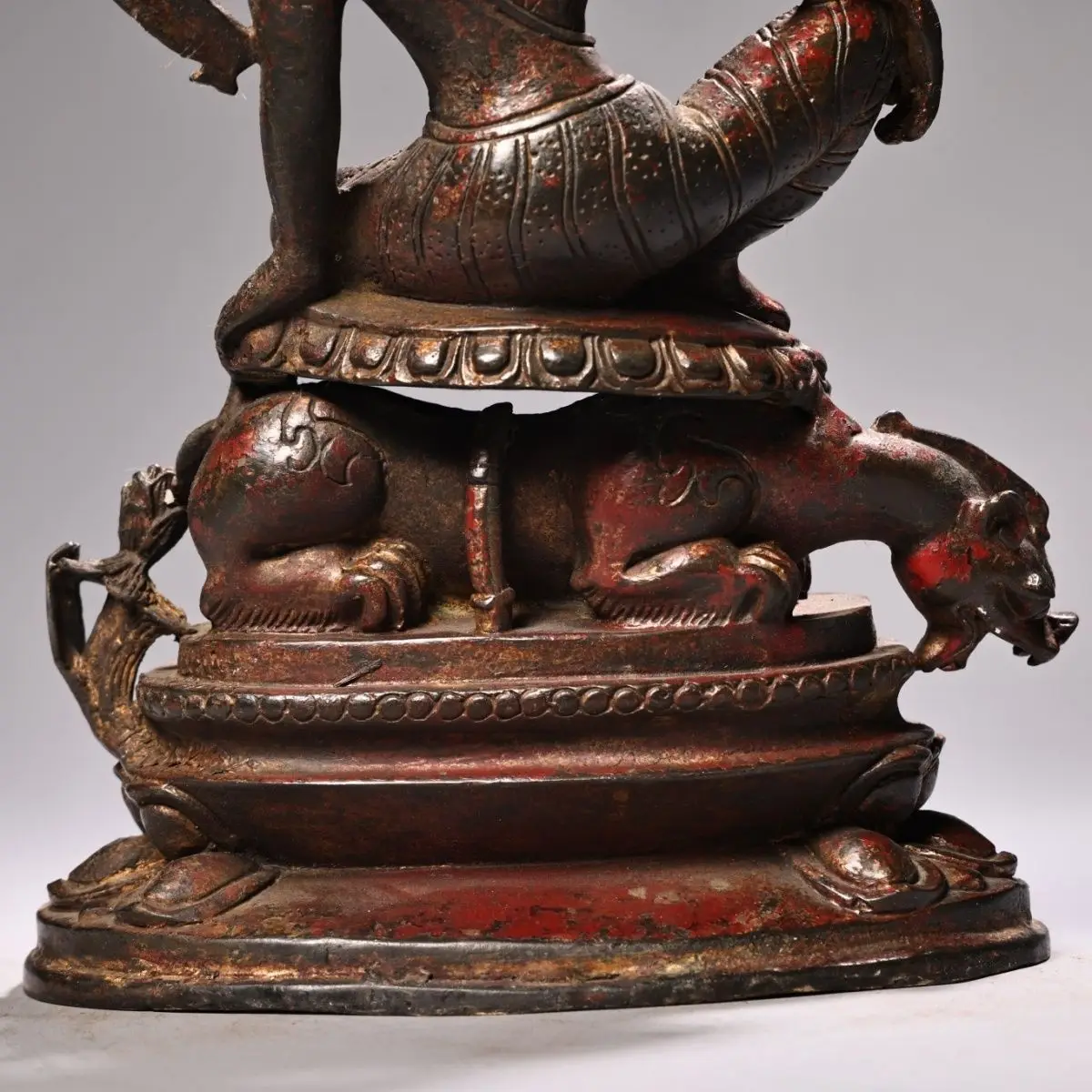 Vintage Bronze Tibetan Lion Riding Bodhisattva Statue 28cm Height 17cm Width, Buddhist Home Altar Decor Oriental Art Collectible