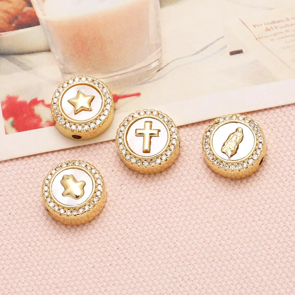 OCESRIO Small Shell Virgin Mary Charms for Bracelet Copper Gold Plated CZ Cross Fatima Hand Star Jewelry Making Supplies chma351
