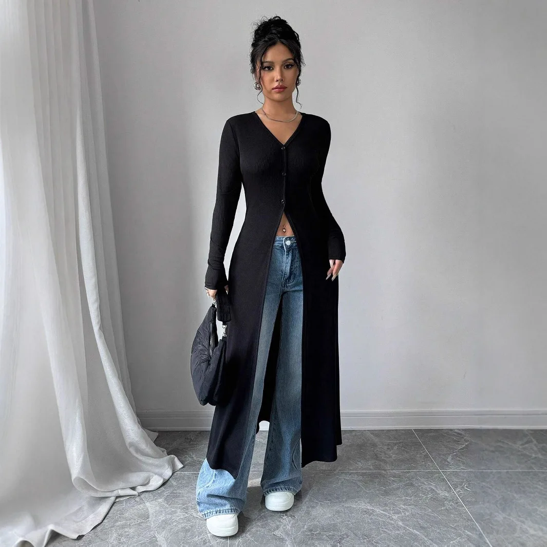 Spring Autumn Women's Fashion Long Slit Coat Slim Fit Elegant Commute Comfort Daily Wear Solid Color Long Sleeve Versatile Coat