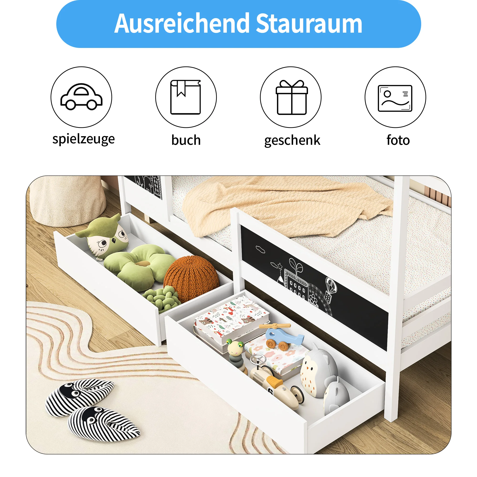 Łóżko dziecięce 90 x 200 cm, łóżko drewniane z tablicą i 2 szufladami, lite drewno z ogrodzeniem i ramą z listew