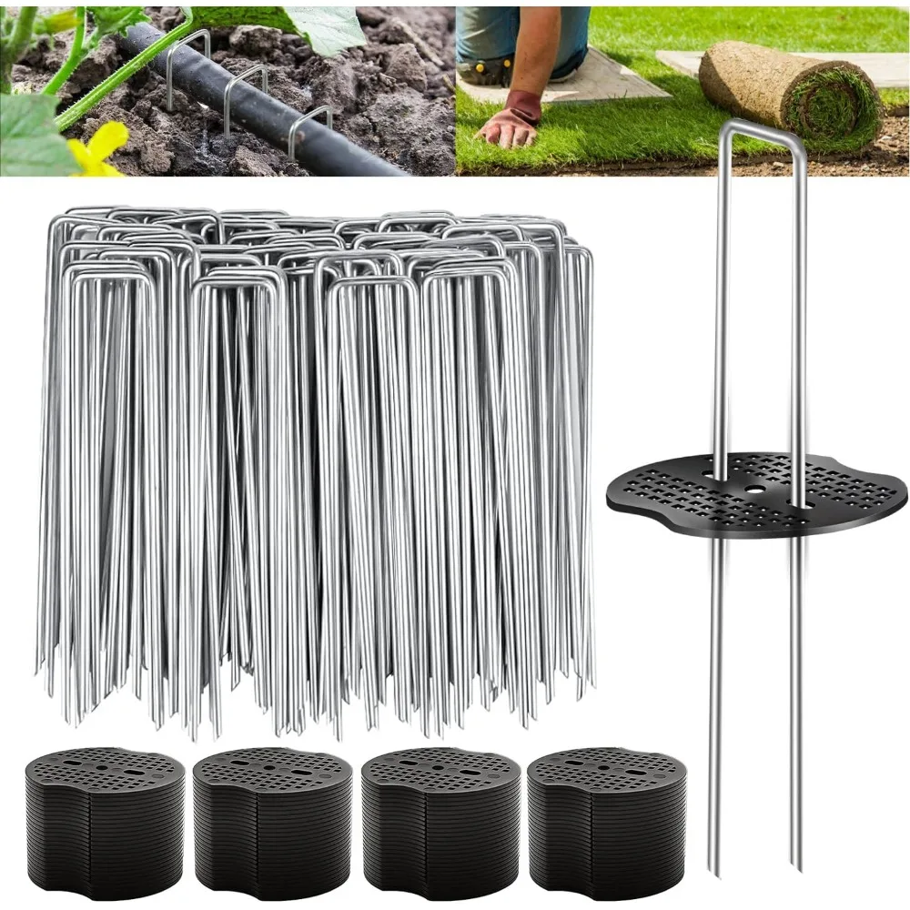 

Garden Securing Stakes 100-200Pcs U-shaped Ground Pegs with Buffer Washers for Weed Landscape Fabric Netting Lawn Accessory