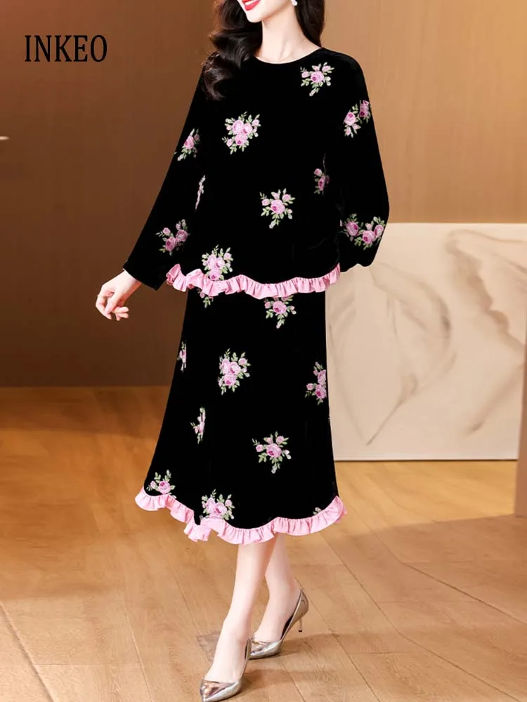 Elegant Women Embroidery 2 Piece set 2025 Spring Fashion velvet Ruffles patchwork tops and Elastic waist Midi skirt INKEO 4T243