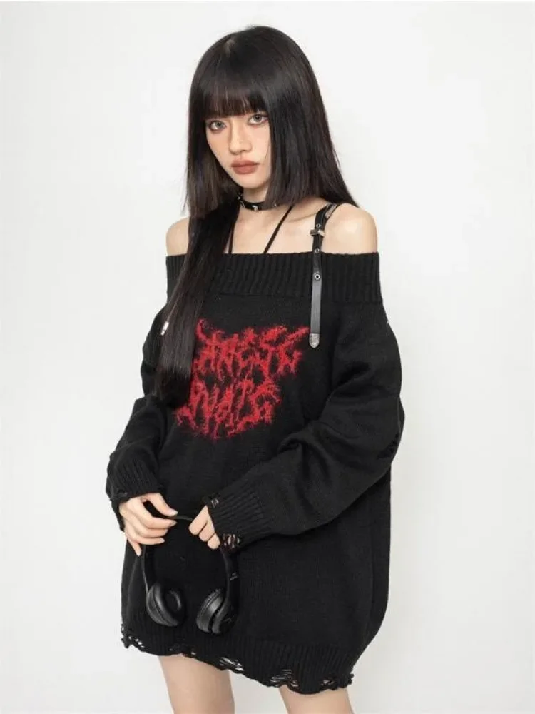 Grunge Y2k Sweater Knitwear Women Japanese Style Gothic Off Shoulder Long Sleeve Ripped Jumper Harajuku Goth Streetwear