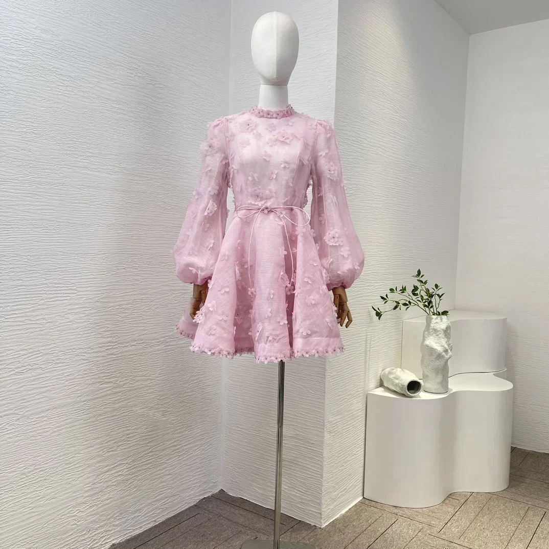 Minivestido rosa y blanco con apliques de flores para trabajo manual, ropa de mujer con cinturón y cordones de manga larga de alta calidad, novedad de 2024