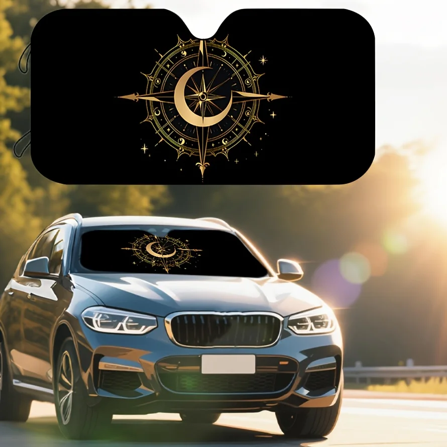 Elegant Golden Compass Design Car Sunshade Premium Front Windshield Cover with Celestial Pattern UV Protection