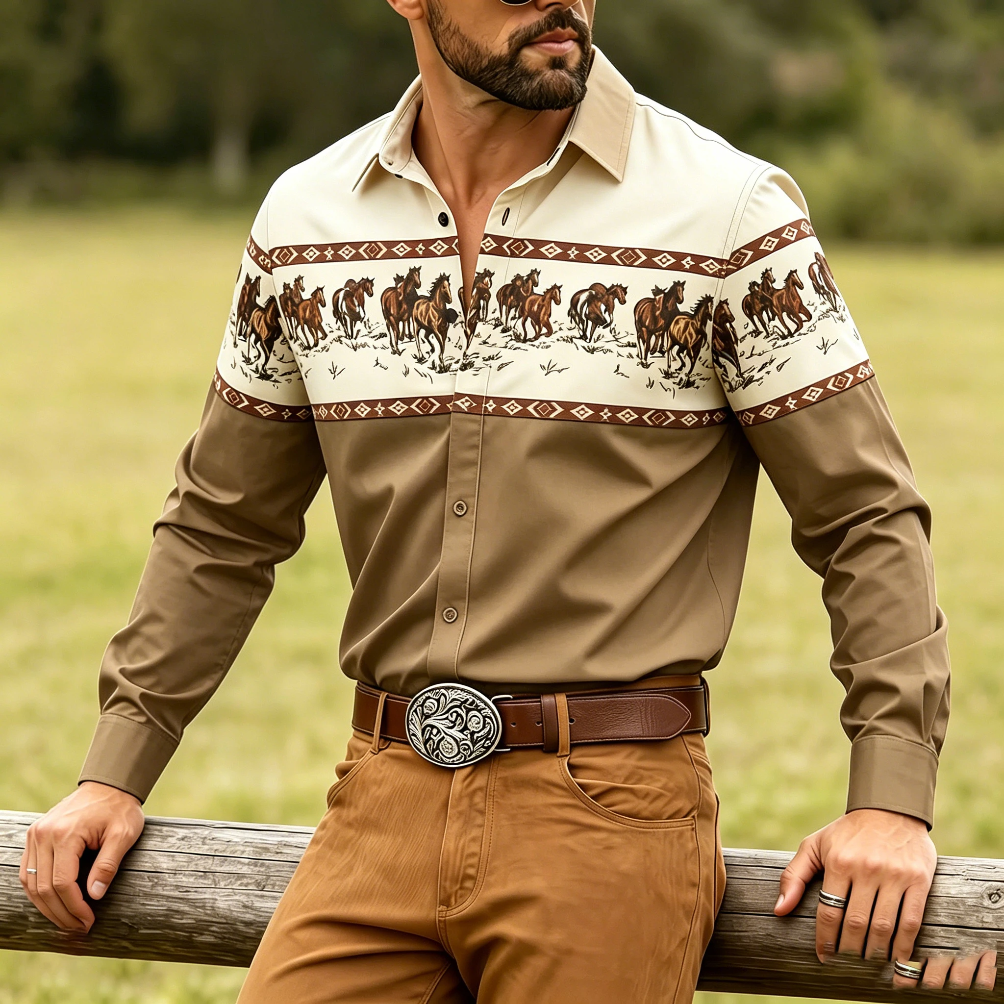 Men's Collared Slim-Fit Long-Sleeved Shirt, Gunma Ethnic Geometric Print Color-Blocked Shirt, Plus-Size Trendy Cardigan Top.