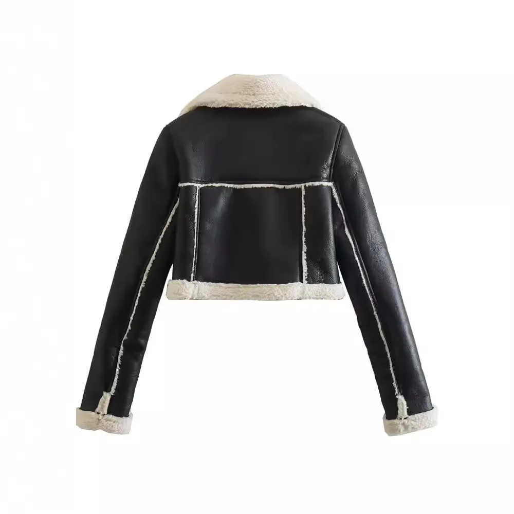 Autumn Winter Black Leather Jacket Women White Fur Integrated Short Coat Female Streetwear Motorcycle Biker Jackets PU Outwear