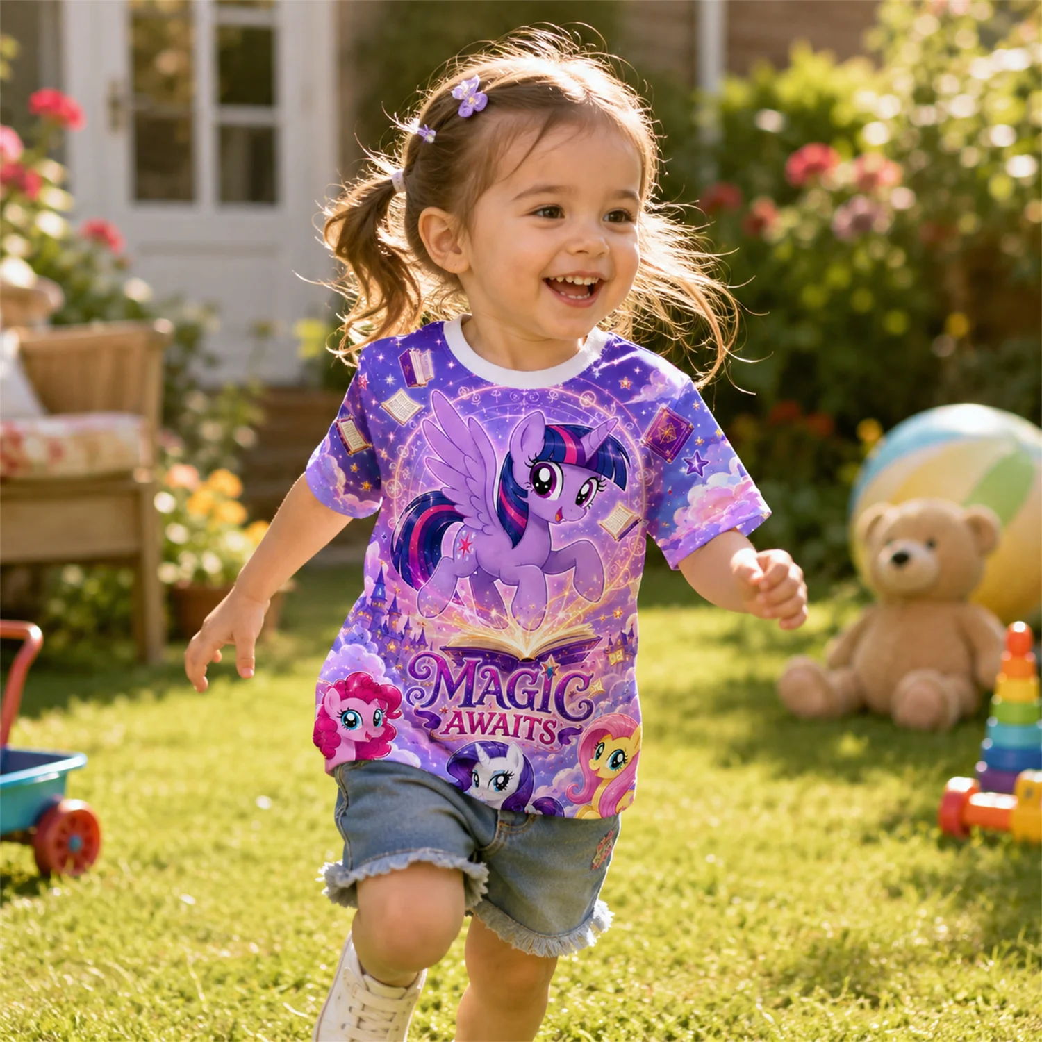 My Little Pony Kinder T-Shirt Mädchen Kurzarm „Magic Awaits“ Grafik-T-Shirt Lila Cartoon Sommer Casual Top Kindergeschenk