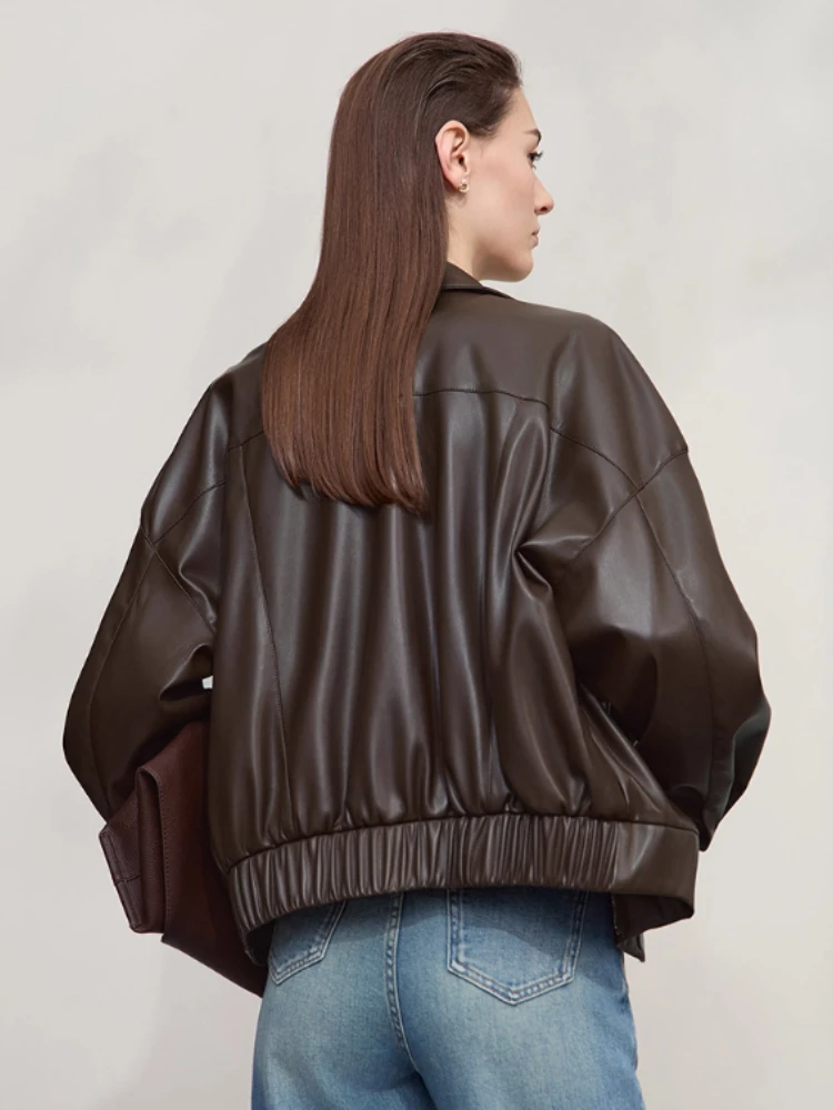 AMII abrigo para mujer 2025 otoño nueva chaqueta de cuero con solapa moderna Retro chaqueta de cuero holgada de manga larga para mujer 12543111