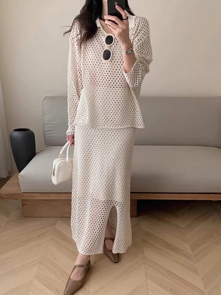 Conjunto de blusa de manga crida em malha e saia de tricô com fenda, estilo chique para o início do outono, design vazado ...