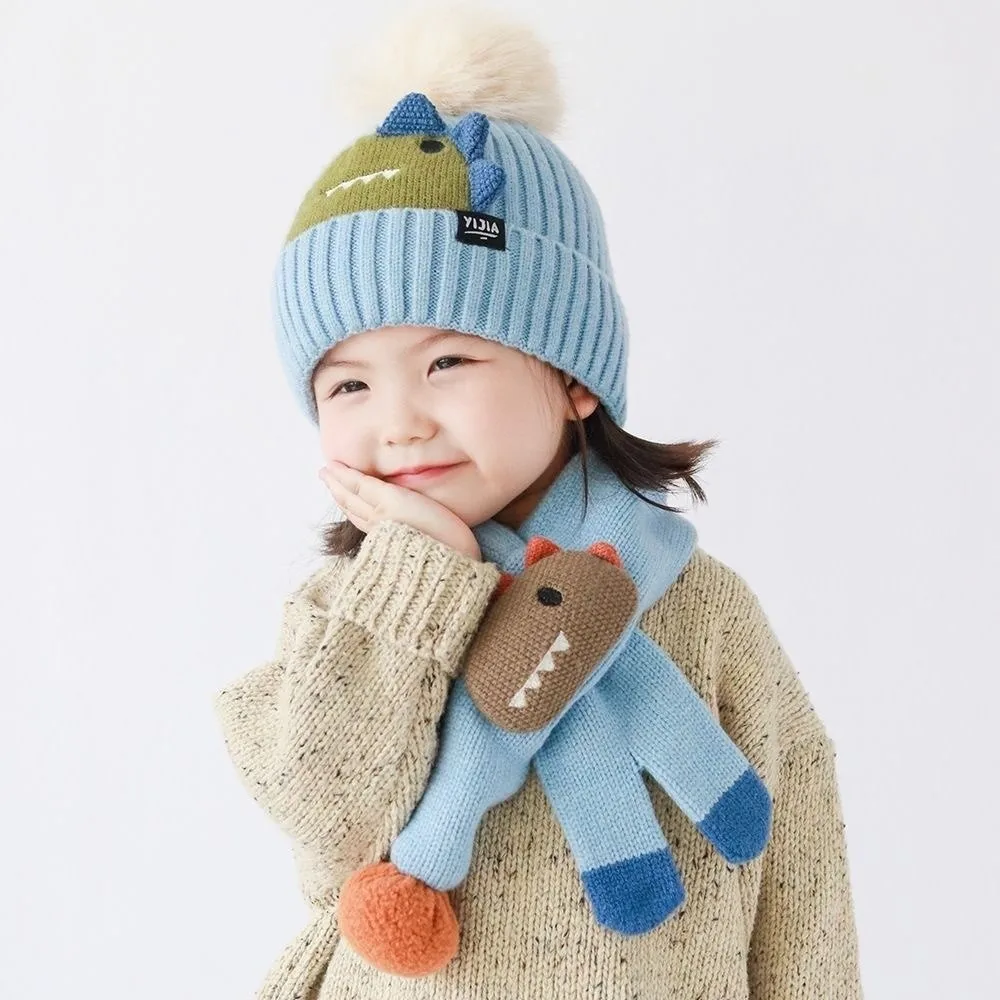 

2Pcs Kawaii Children Hat Scarf Set Thickened Coldproof Knitted Beanies Hat Comfortable Windproof Cartoon Warm Scarf Infant