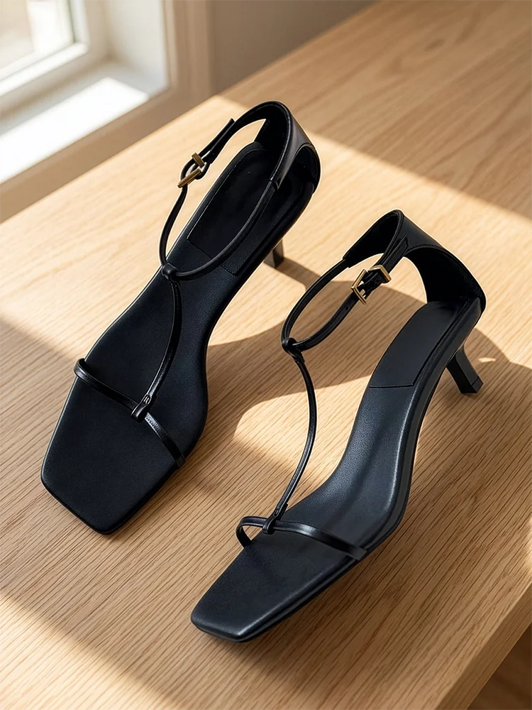 

Женские сандалии из натуральной кожи, летние элегантные черные вечерние модельные туфли на низком каблуке с квадратным носком и Т-образным ремешком, Sandalias Mujer