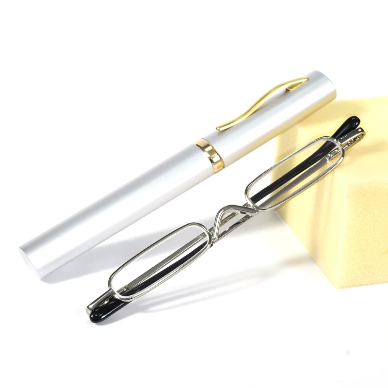 Silberner Rahmen, Metallrahmen, Mini-Presbyopie-Brille für Damen und Herren, Harzlinsen, tragbarer Stifthalter, ultrakleine Lesebrille +1,5 +2