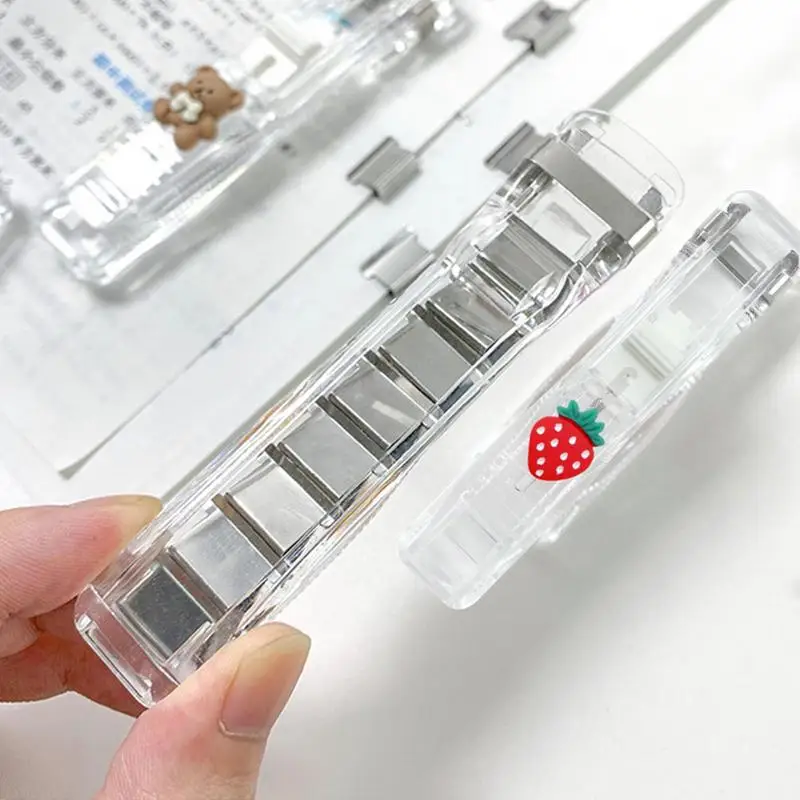 Stapler klip tekan Desktop Mini, penjepit kertas untuk sekolah, dapat digunakan kembali