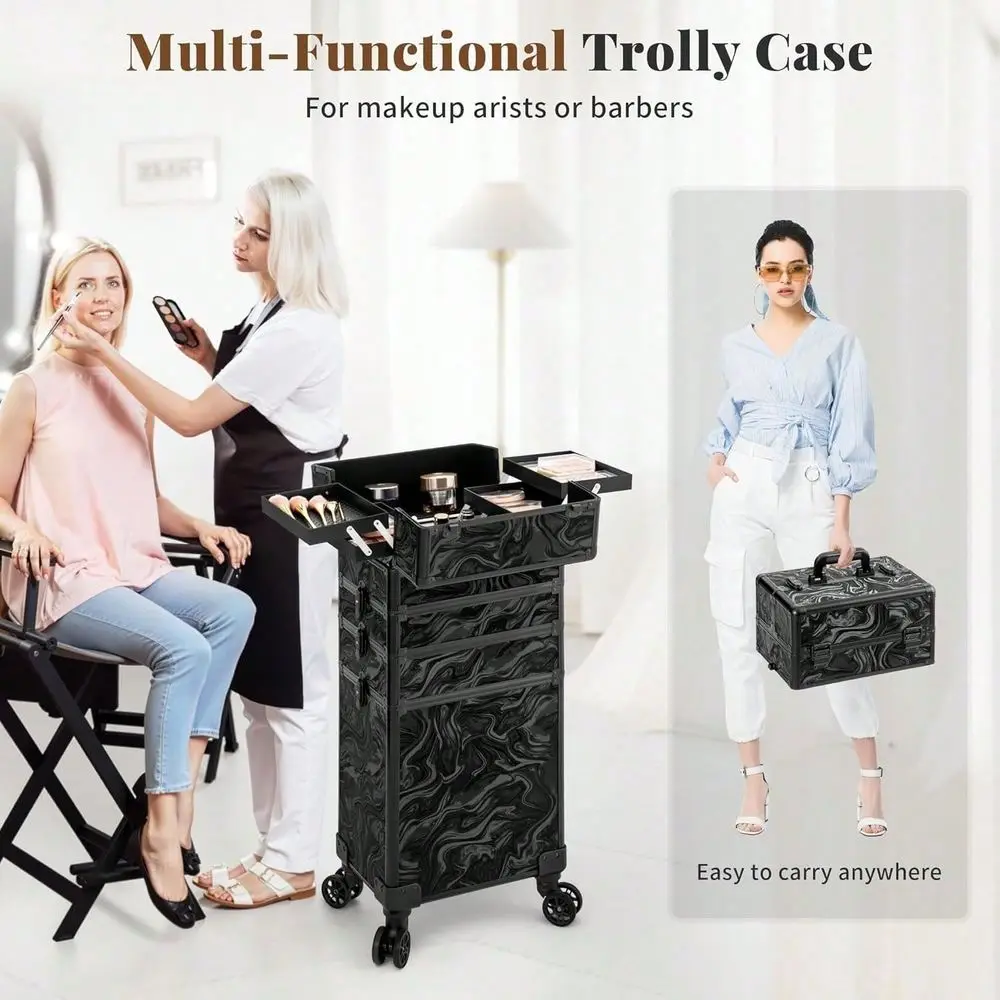 Makeup Train Case On Wheels, 4In1 Cosmetology Professional Travel Cosmetic Bag With Lockable Organizer Box, For Women, Hairstyl view 4