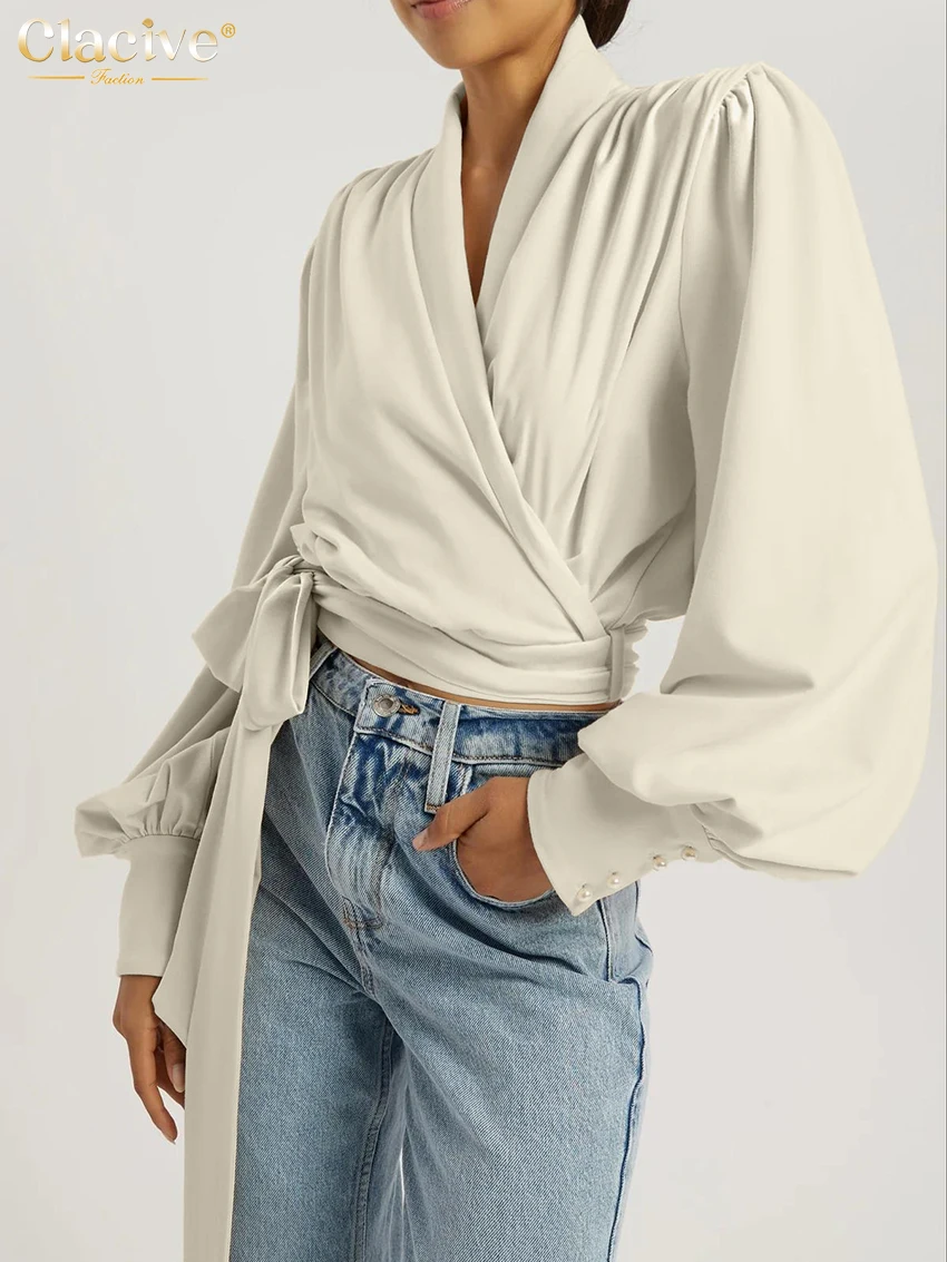 Clacive Fashion Loose Beige Women's Shirt 2026 Spring V-Neck Long Sleeve Shirts Elegant Classic Lace-Up Top Female Clothing