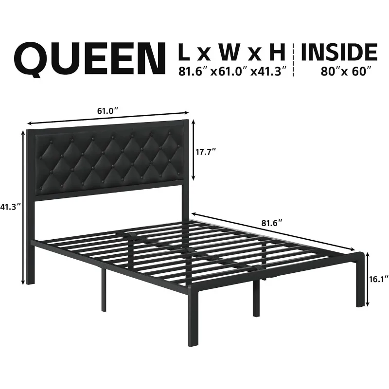 Queen Bed Frame with Headboard PU Leather Upholstered Platform,All Metal Slats Support Platform Storage Space,Easy Assembly